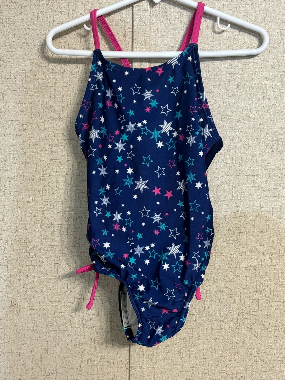 Speedo Navy Star-Print Girls' One-Piece Swimsuit with Pink Straps 4/5 XS